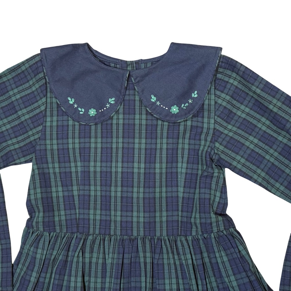 Strasburg Girls Green Navy Plaid Embroidered Peter Pan Collar Dress 10 - Picture 3 of 6